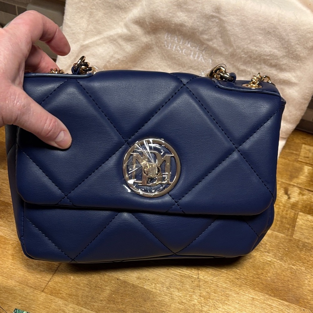 Badgley Mischka Quilted Navy Shoulder Bag with Gold Chain - Picture 6 of 10